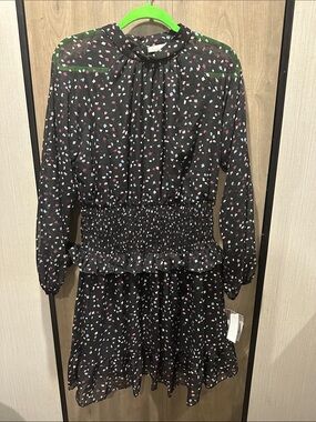 Bleecker 126 Black Confetti Print Smocked Waist Long Sleeve Mini Dress